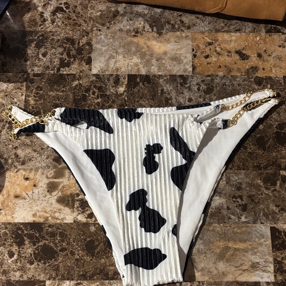 SHEIN White & Black Cow Print Bikini Bottom with Gold Chain Details